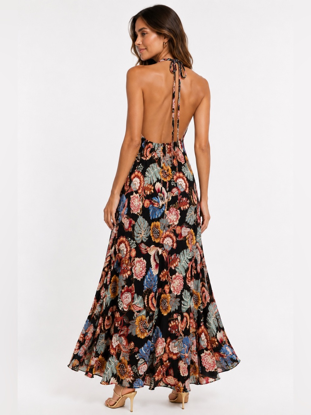 Farm Rio Black Tropical Floral Halter Maxi Dress - Sz Small 🌺 - Picture 5 of 8